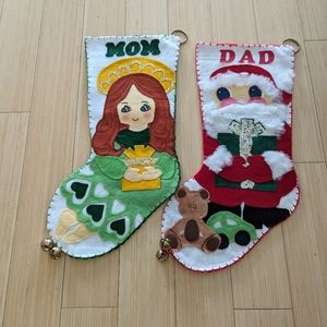 90s Vtg Set Felt Christmas Stockings  Handmade Red Head Mom Dad Santa Bells